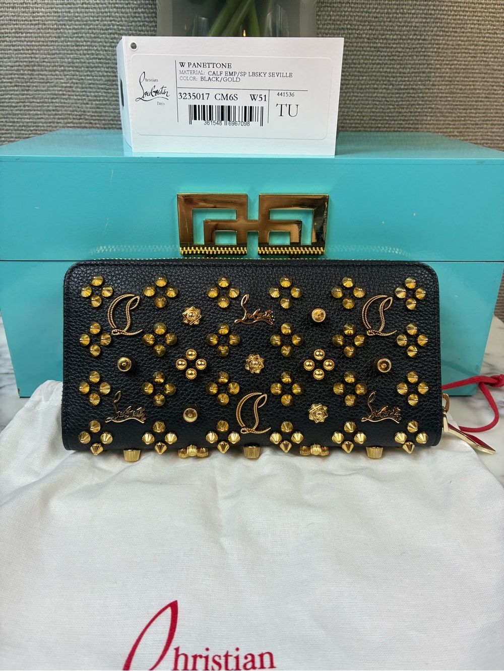 Christian Louboutin Black Studded Panettone Zip Wallet - NWT Retail $1350